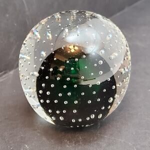 Vintage Control Bubbles Round Pacific Japan Paperweight Clear Green 2.75"